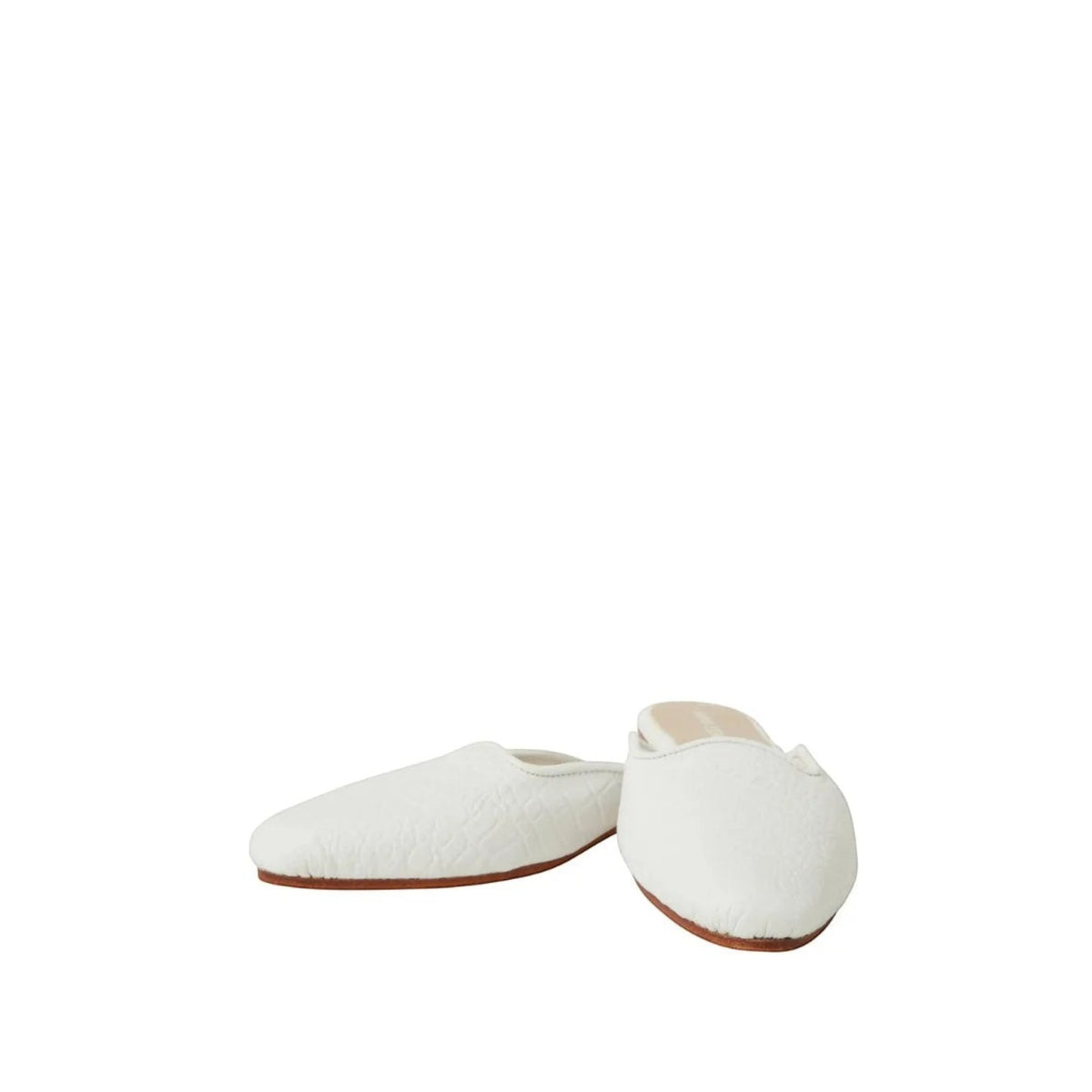 Shop Sarah Stewart Clara white embossed goat skin leather mules with a vintage-inspired square toe design.