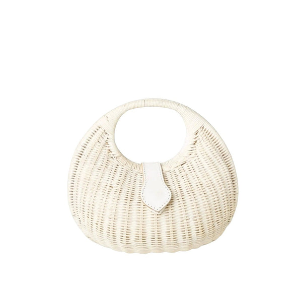 Shop Sarah Stewart white wicker handbag with leather strap detail and cotton lining. Oval shape with top handle.