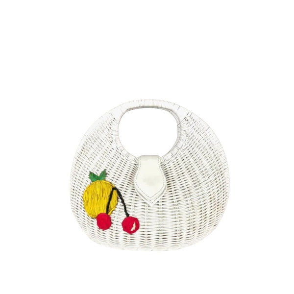 Shop Sarah Stewart white wicker handbag with embroidered lemon and cherries, leather trim, and cotton lining.