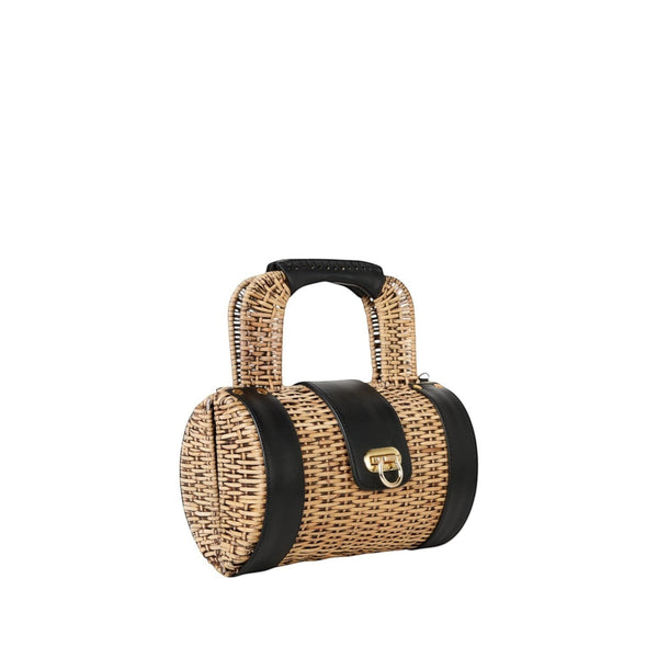 Shop Sarah Stewart Jordan Handbag: Natural wicker barrel bag with black lambskin trim and gold hardware. Top handle.