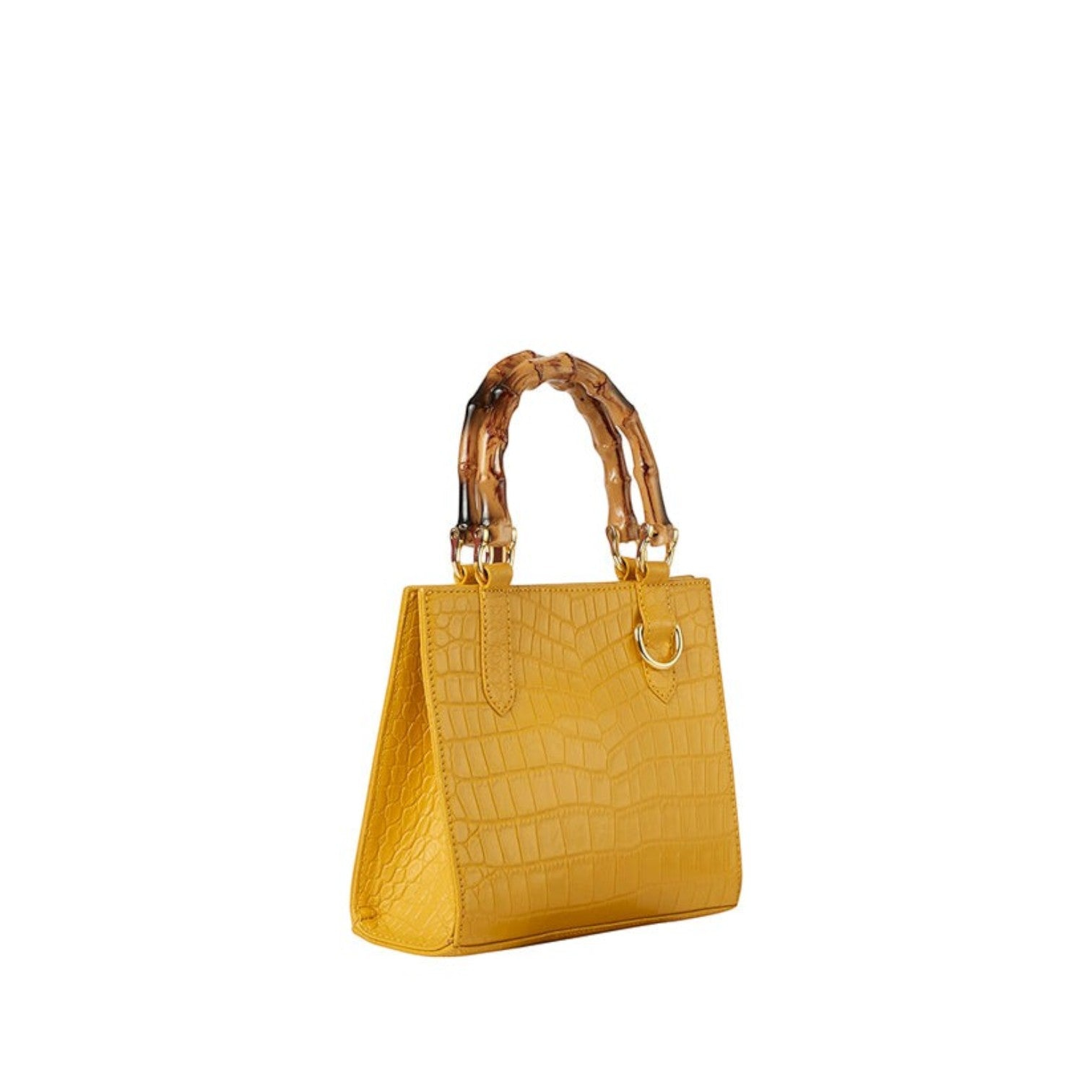 Shop Sarah Stewart Clara mini handbag in yellow goat skin leather with bamboo handles and gold hardware
