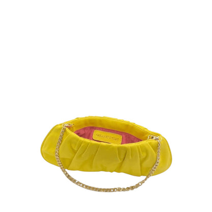 Shop Sarah Stewart yellow pleated lambskin leather Amina evening clutch with gold chain strap and pink taffeta lining