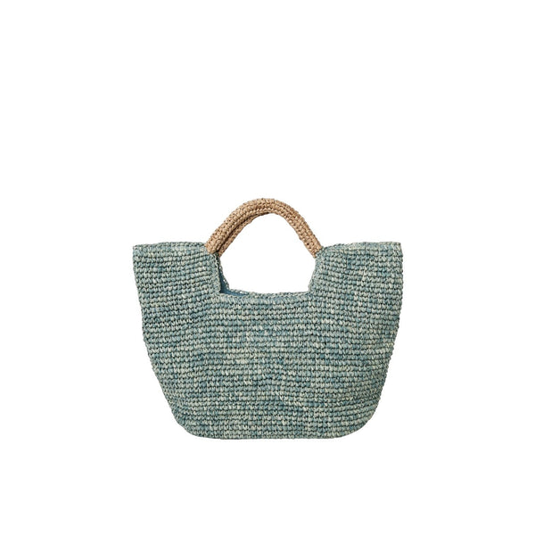 Shop Sarah Stewart The Opal blue raffia tote bag with cotton lining and snap closure
