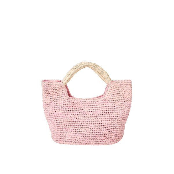 Shop Sarah Stewart The Opal pink raffia tote bag with cotton lining, interior pocket, and snap closure. Natural raffia handles.